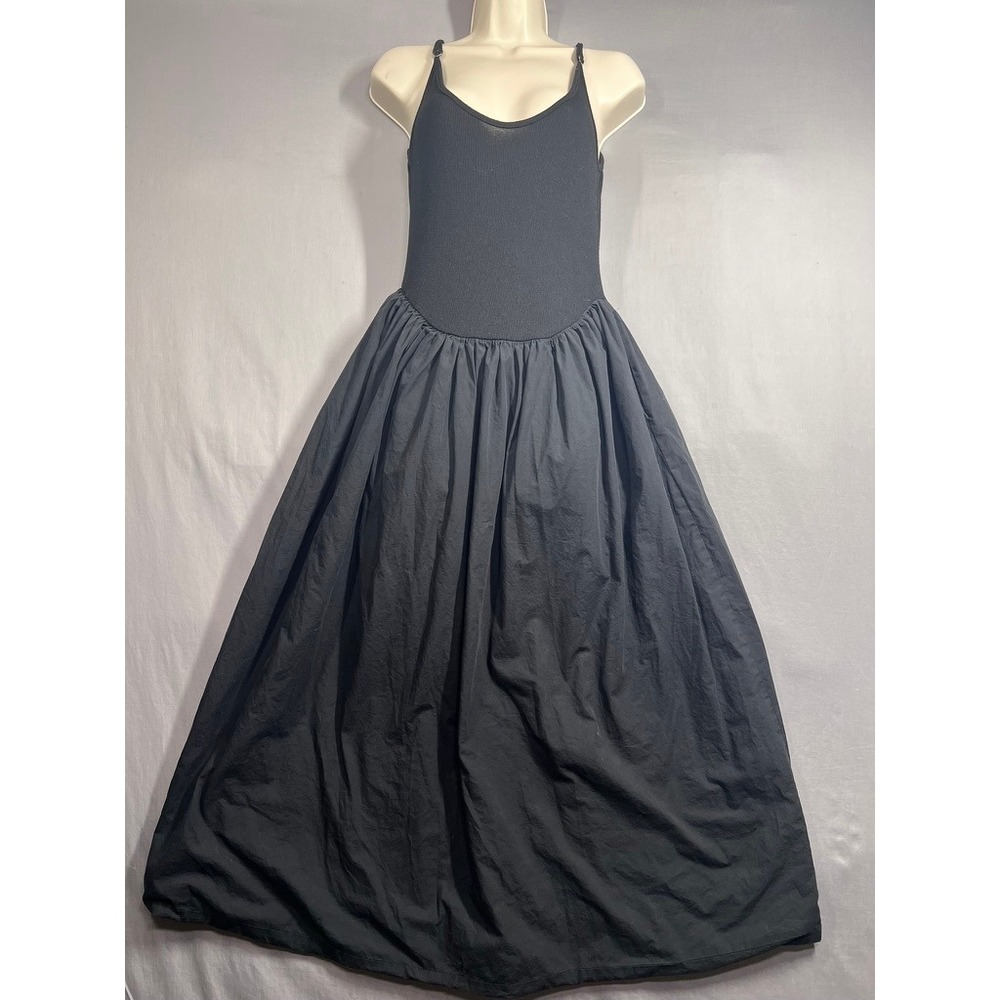 Hyfve Black Mixed Media Maxi Dress Ribbed Knit Bodice Full Skirt Medium